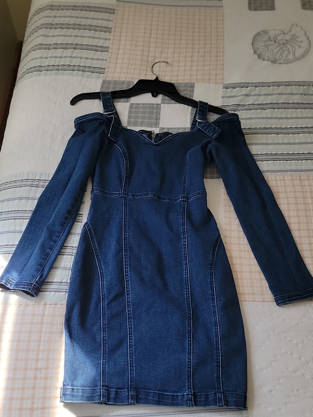 Missguided Dark Blue Off-Shoulder Denim Mini Dress